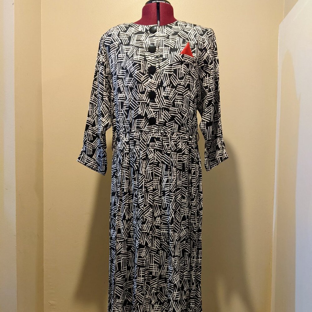 Vintage Leslie Fay Tailored Dress Black & White Geometric Print | Size 16 Large